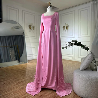 Luxury Arabic Pink Mermaid Evening Dress with Feather Cape LA72855 - SERENE HILL