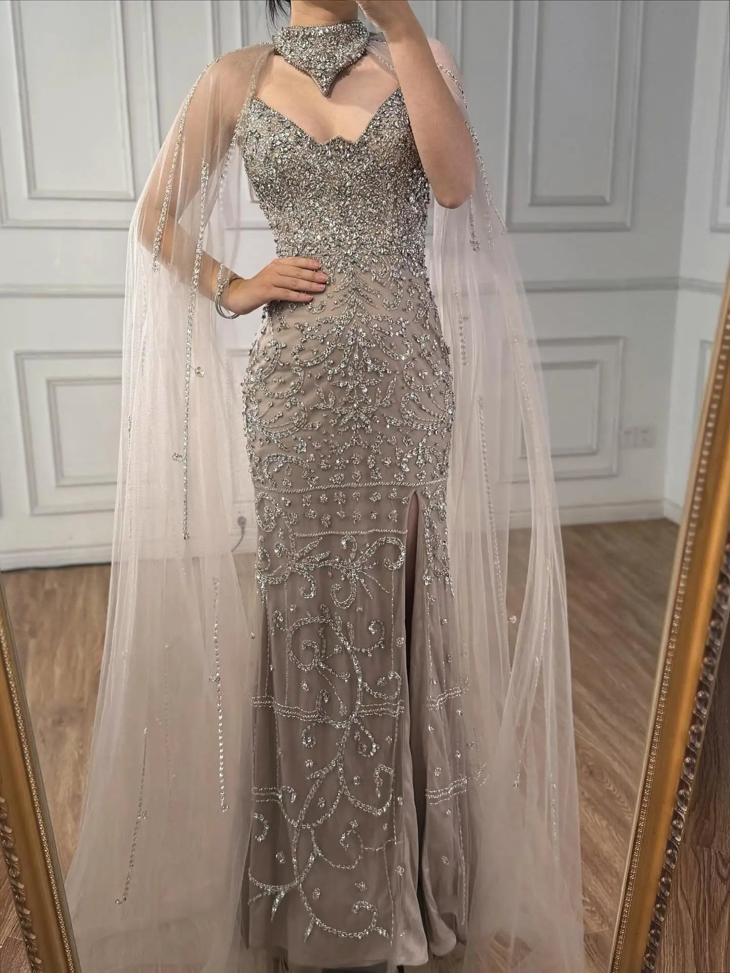 Luxury Sexy Split Evening Dress With Cape Nude LA73339 - SERENE HILL