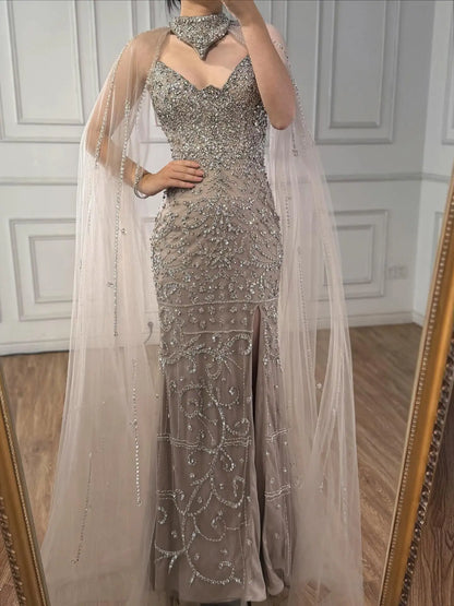 Luxury Sexy Split Evening Dress With Cape Nude LA73339 - SERENE HILL