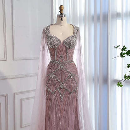 Luxury Dubai Pink Beaded Evening Dress With Cape LA73329 - SERENE HILL