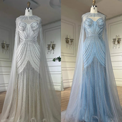 Luxury Blue Beaded Evening Gown with Detachable Cape LA72784 - SERENE HILL