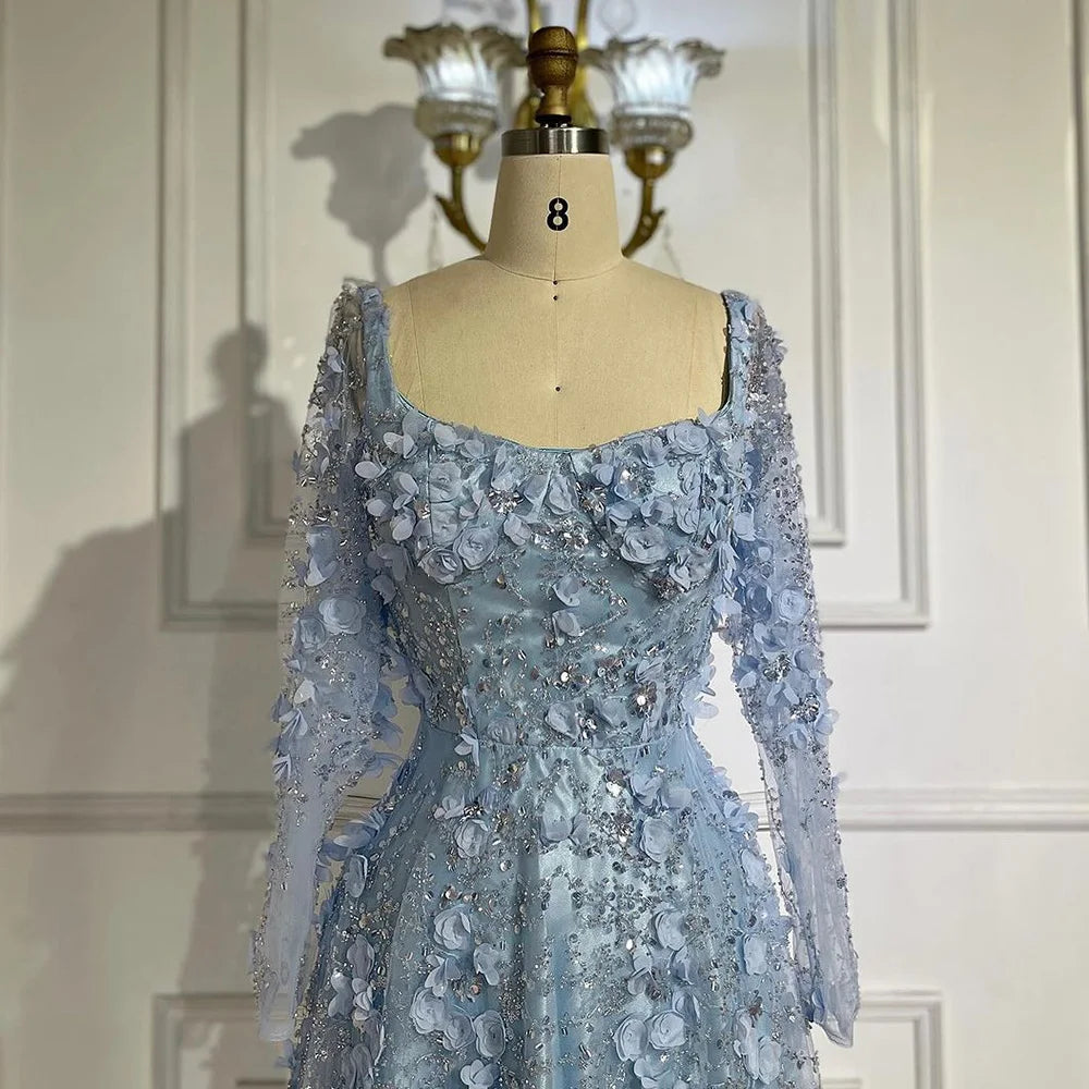 Luxury Arabic Gray A Line Elegant 3D Flower Evening Dress Long Sleeve LA72657 - SERENE HILL