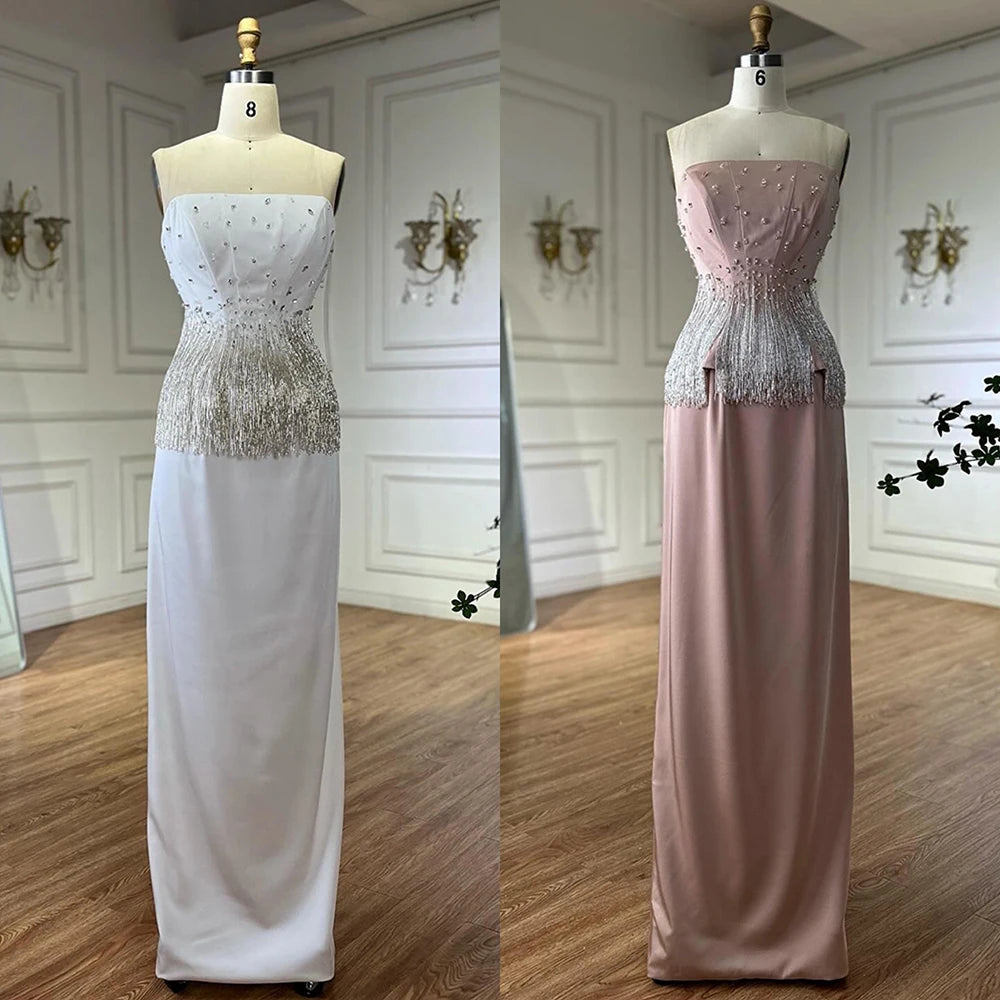 Luxury Dubai Saudi Nude Pink Arabic Mermaid Evening Dresses Gowns Beaded Tassel for Occasion LA72804 - SERENE HILL