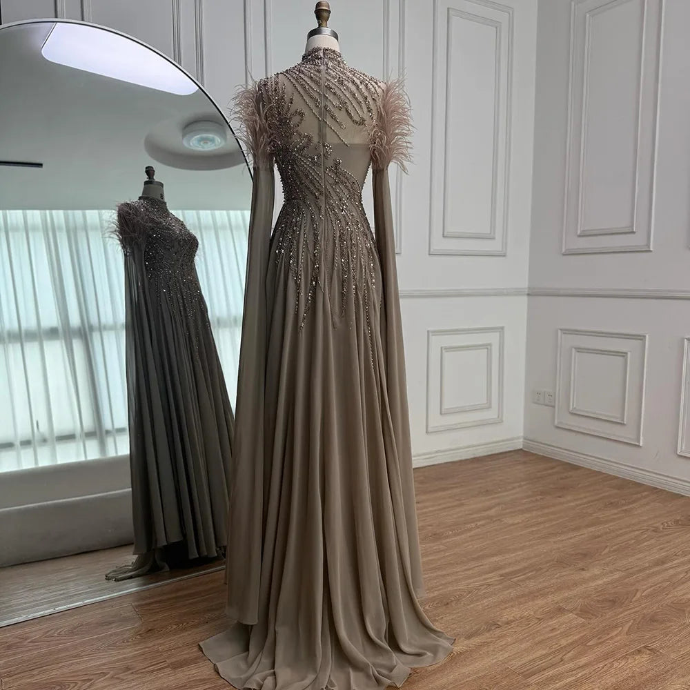 Luxury Pink Feather Beaded Evening Dress with Long Cape Sleeves LA72982 - SERENE HILL