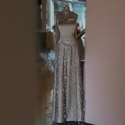Luxury Sage Green and Pink Arabic Beaded Evening Dress LA72805D - SERENE HILL