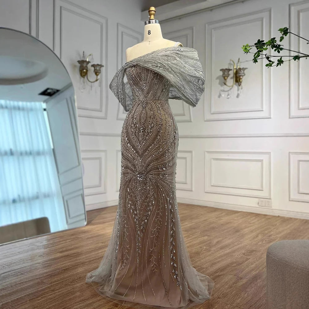 Luxury Silver Nude Off Shoulder Mermaid Evening Dress LA72878 - SERENE HILL