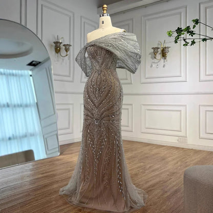 Luxury Silver Nude Off Shoulder Mermaid Evening Dress LA72878 - SERENE HILL