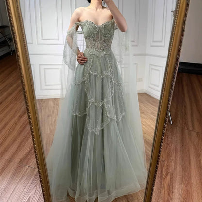Luxury Arabic Sage Green Beaded A-Line Evening Dress with Cape LA72605A - SERENE HILL