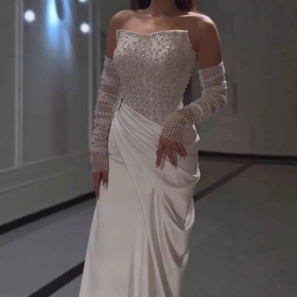 White Beaded Evening Dress with Detachable Sleeves LA72293A - SERENE HILL