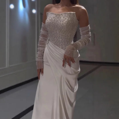 White Beaded Evening Dress with Detachable Sleeves LA72293A - SERENE HILL