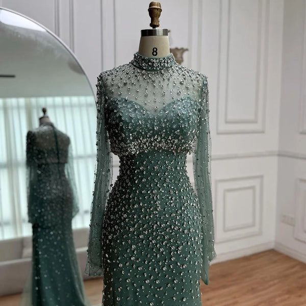 Luxury Turquoise Two Pieces Beaded Mermaid Evening Dress with Detachable Top LA73095