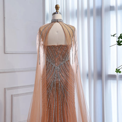 Luxury Nude Mermaid Evening Dress with Cape Sleeves LA73118 - SERENE HILL