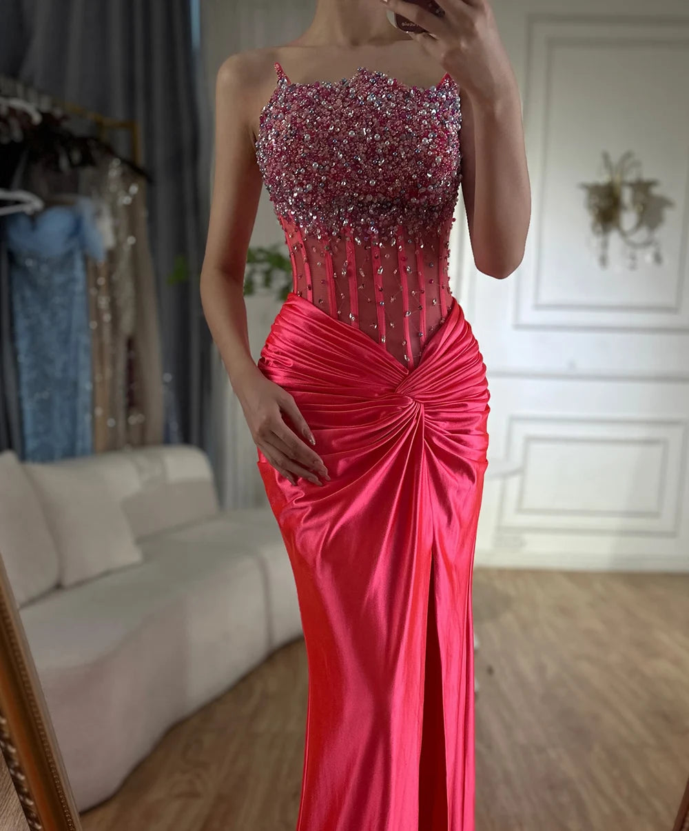 Serene Hill 2025 Arabic Fuchsia Side Split Beaded Mermaid Luxury Dubai Evening Gown for Women&