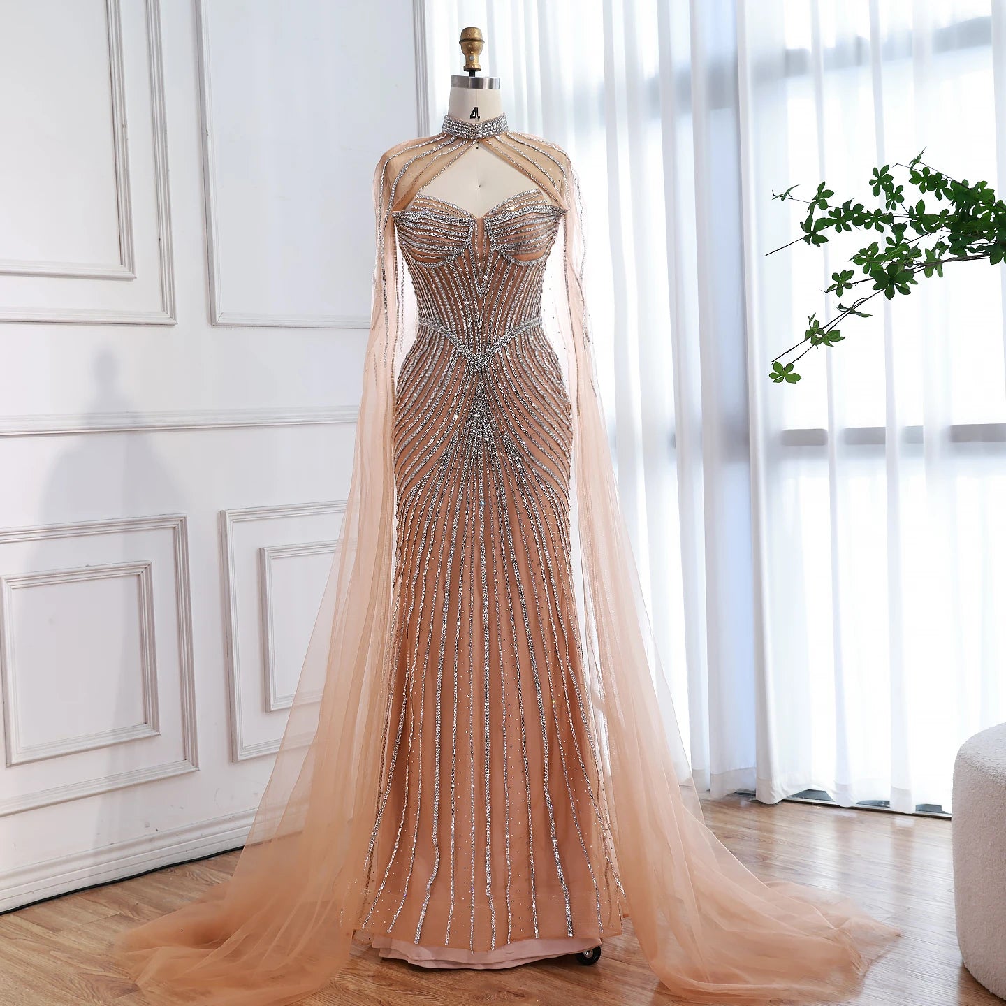 Luxury Nude Mermaid Evening Dress with Cape Sleeves LA73118 - SERENE HILL