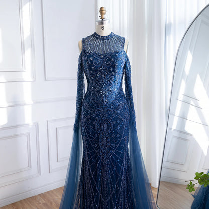 Luxury Dubai Navy Blue Beaded Lace Evening Dress with Cape Sleeves LA73323 - SERENE HILL