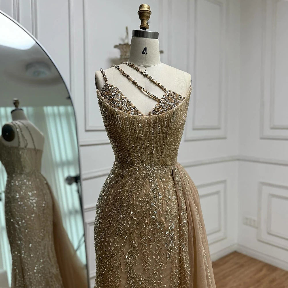 Luxury Nude Crystal Beaded One-Shoulder Evening Dress with Overskirt LA73161 Nude / 10 Luxury Nude Crystal Beaded One-Shoulder Evening Dress with Overskirt LA73161 Nude / 10