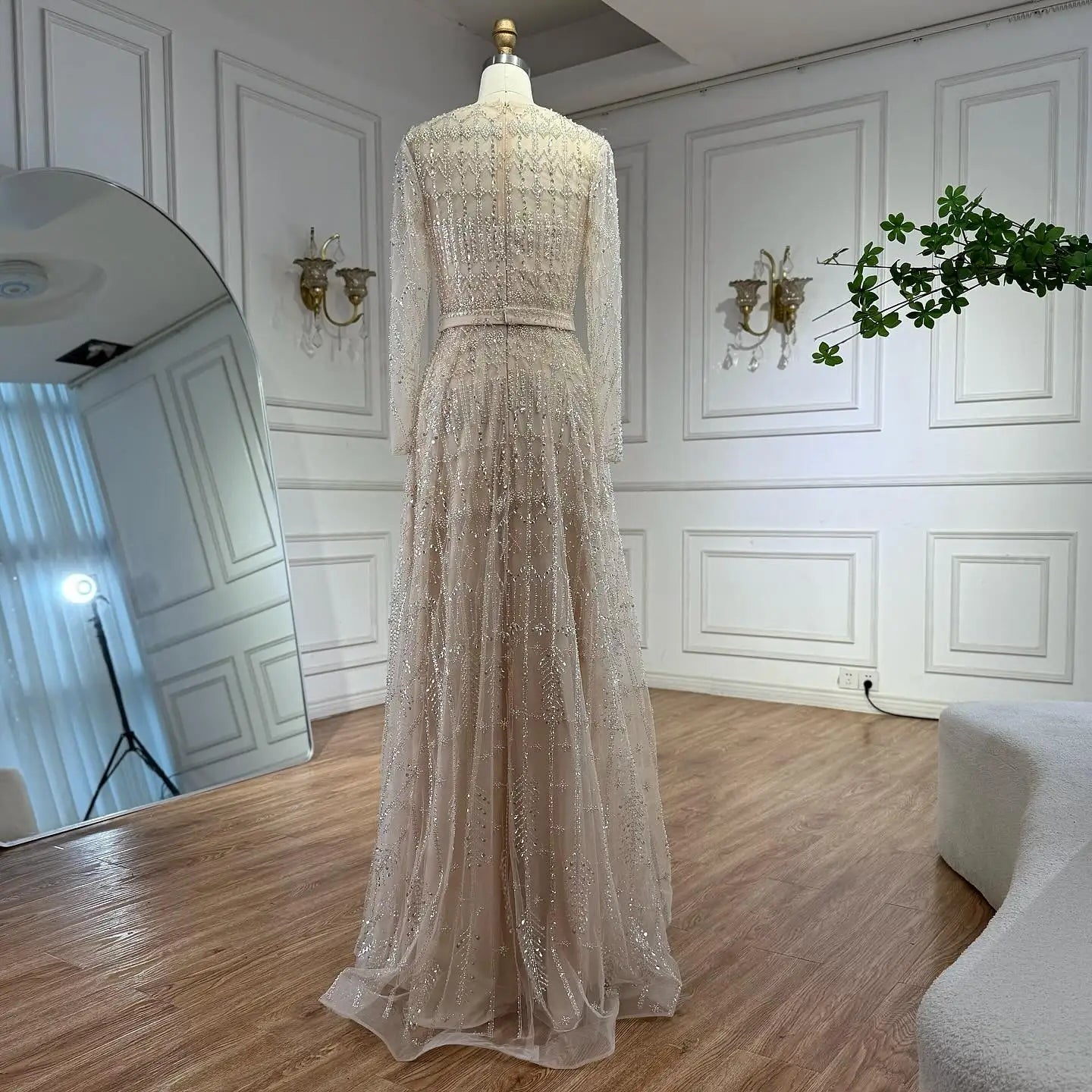 Luxury Nude A-Line Pearls Beaded Evening Dress LA73174 - SERENE HILL