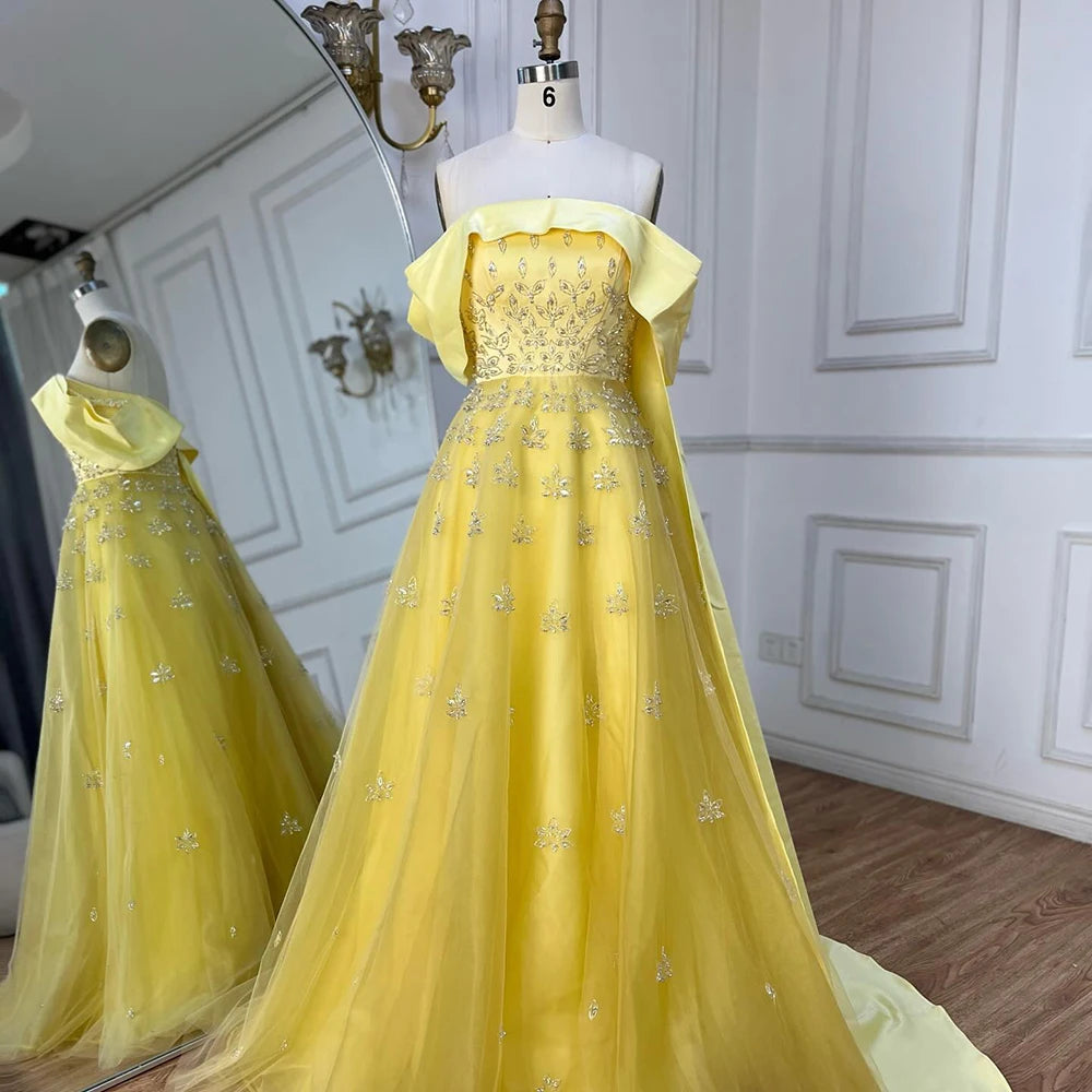 Serene Hill Luxury Dubai Arabic Yellow Elegant Boat Neck Long Evening Dress Beaded Party Gown for Women&