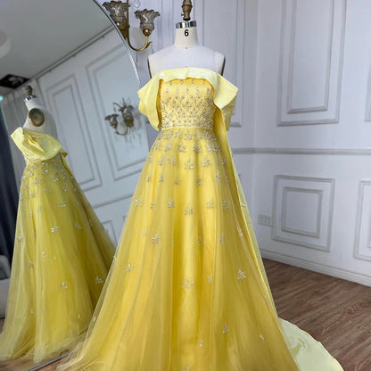 Serene Hill Luxury Dubai Arabic Yellow Elegant Boat Neck Long Evening Dress Beaded Party Gown for Women&