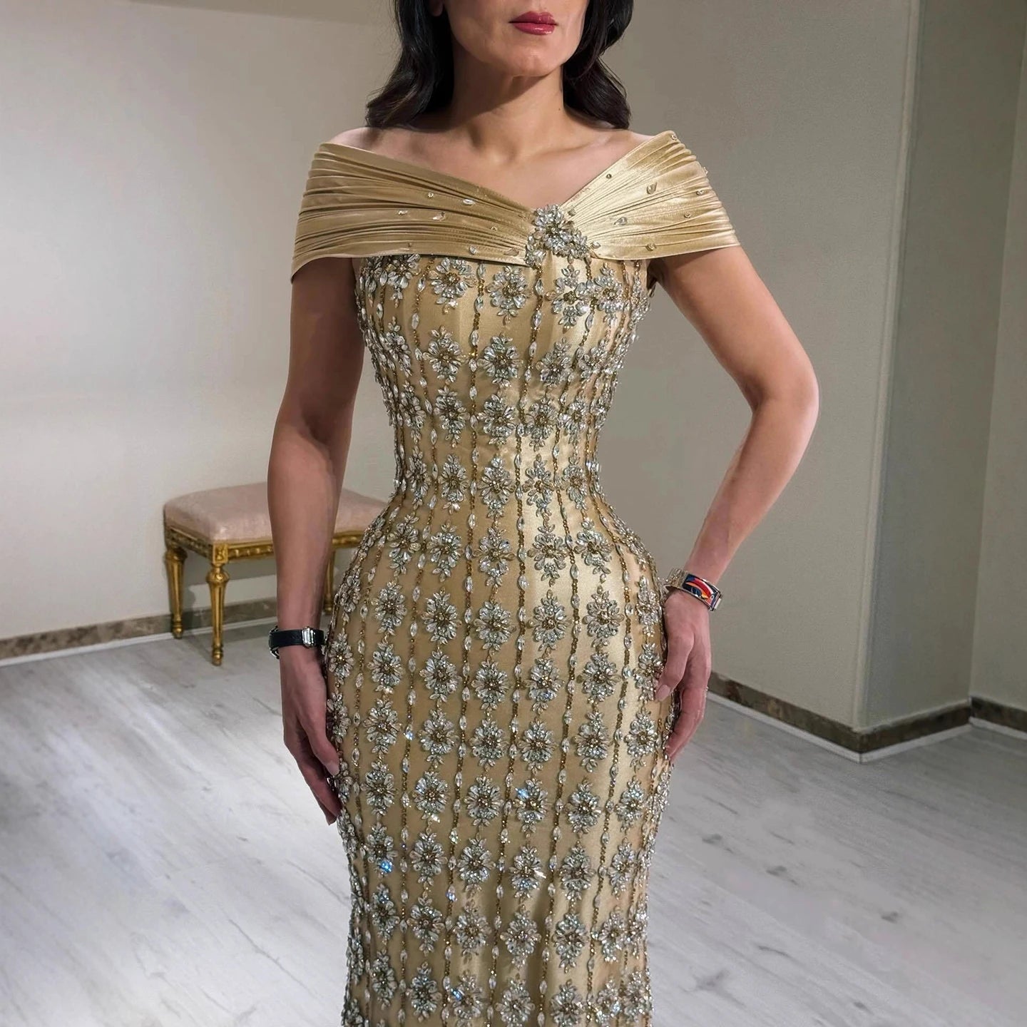 Luxury Gold Arabic Ruffles Evening Dress LA73362 - SERENE HILL