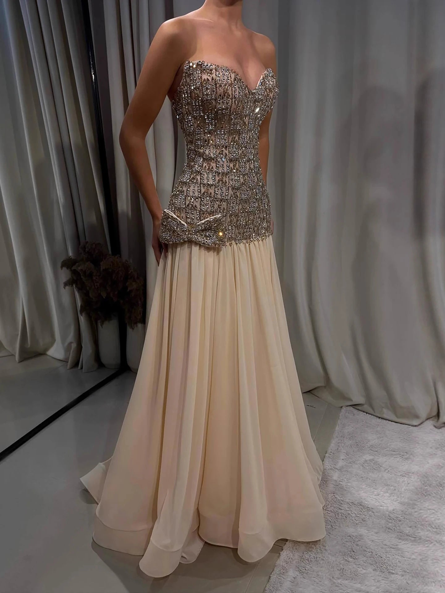 Luxury Champagne A-Line Crystal Beaded Evening Dress LA73361 - SERENE HILL