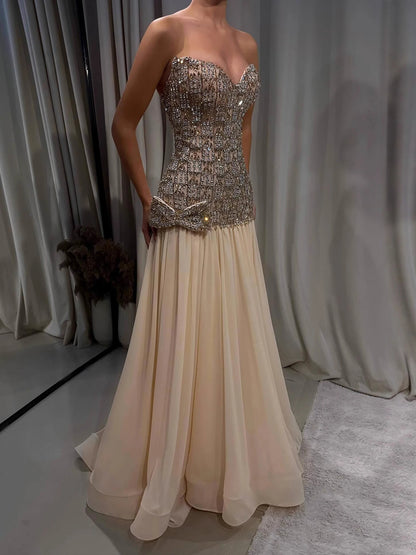 Luxury Champagne A-Line Crystal Beaded Evening Dress LA73361 - SERENE HILL