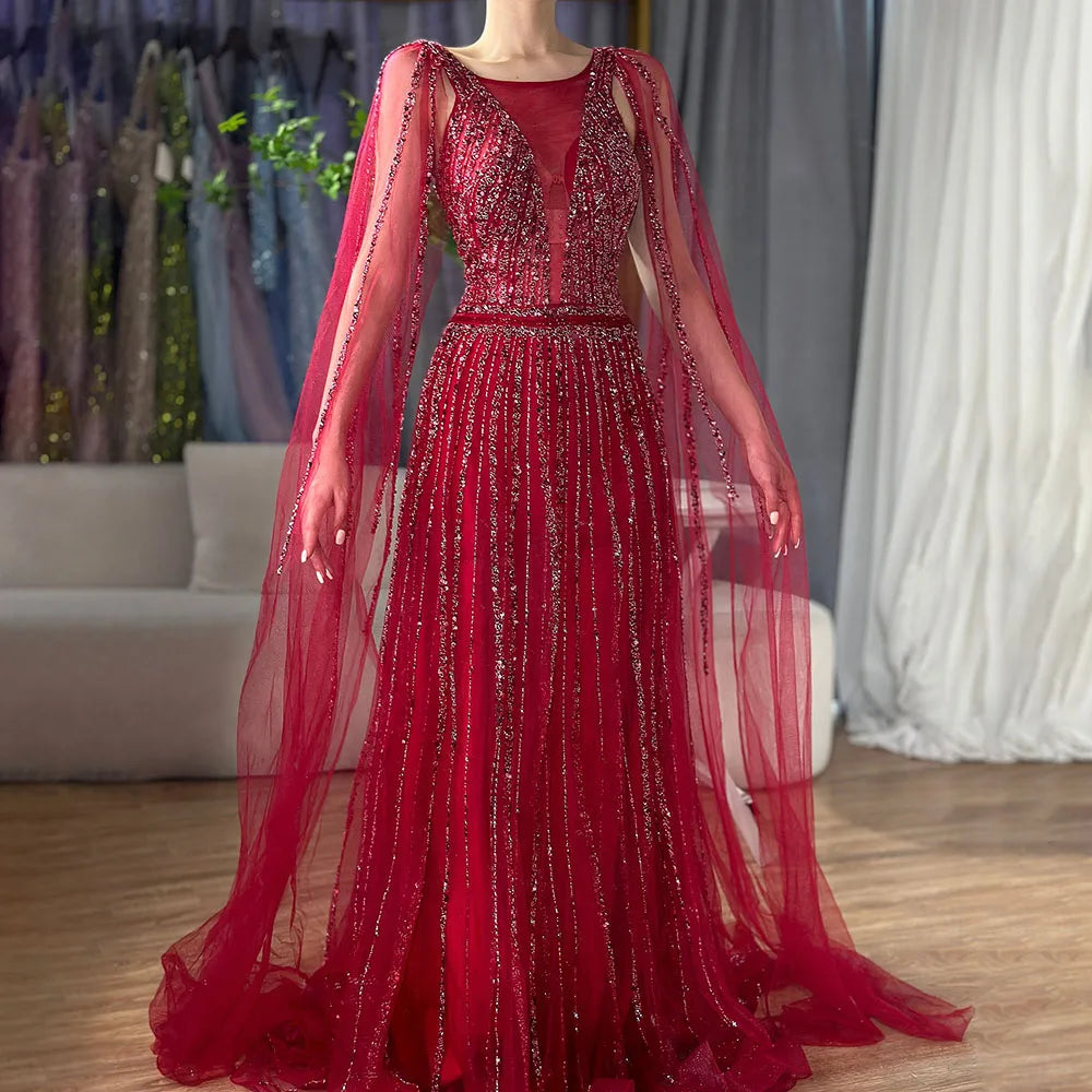 Serene Hill Arabic Gold A Line Cape Sleeves Beaded Luxury Dubai Long Evening Dresses Gowns 2025 For Women Wedding Party LA71941 - SERENE HILL