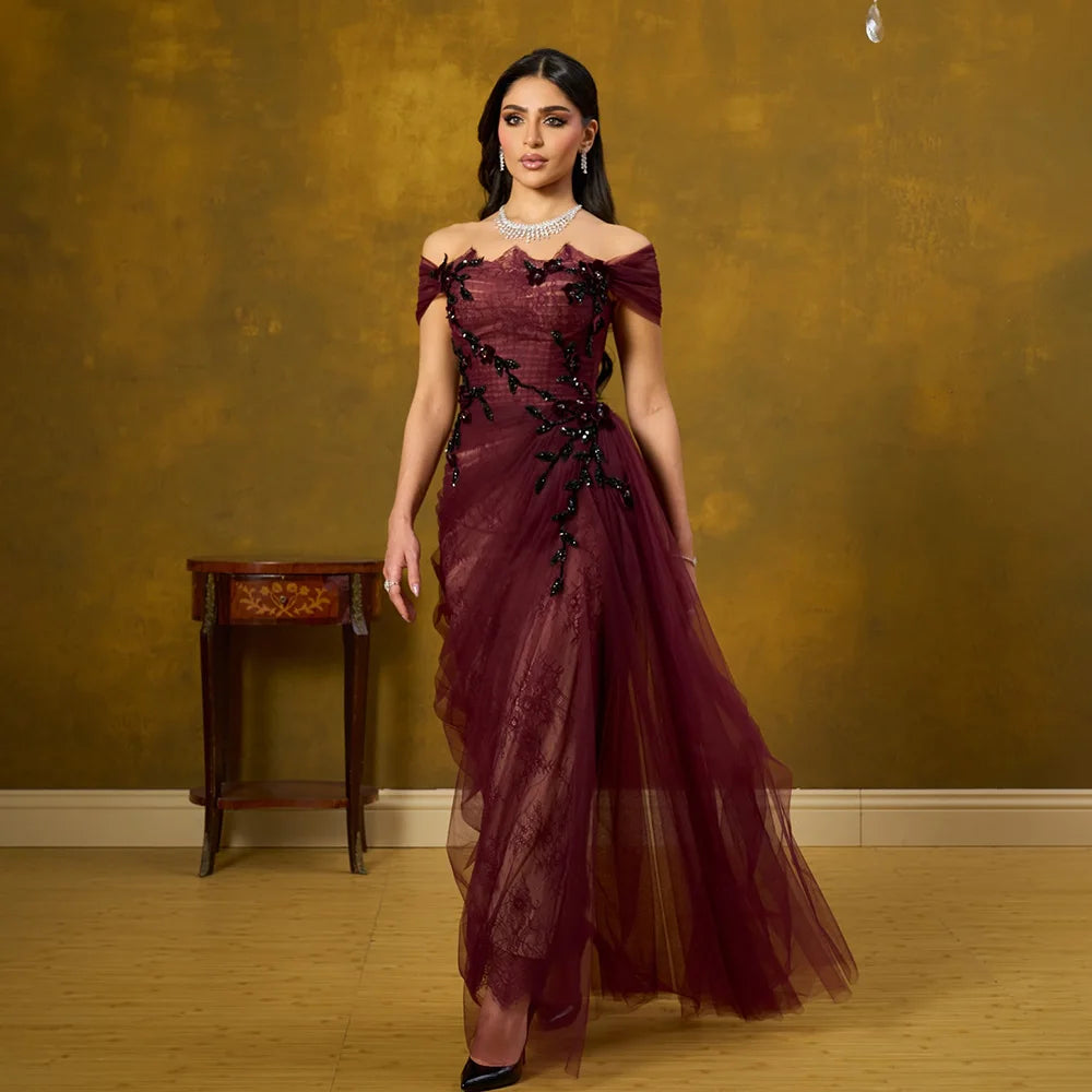 Elegant Wine Red Off Shoulder Lace Evening Dress with Appliques LA73010 - SERENE HILL