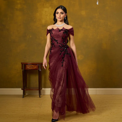 Elegant Wine Red Off Shoulder Lace Evening Dress with Appliques LA73010 - SERENE HILL