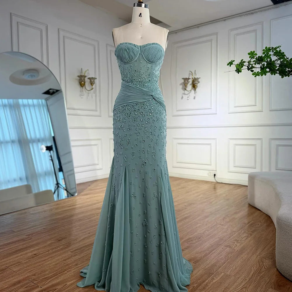 Luxury Turquoise Beaded Evening Dress with Gloves LA72933 - SERENE HILL