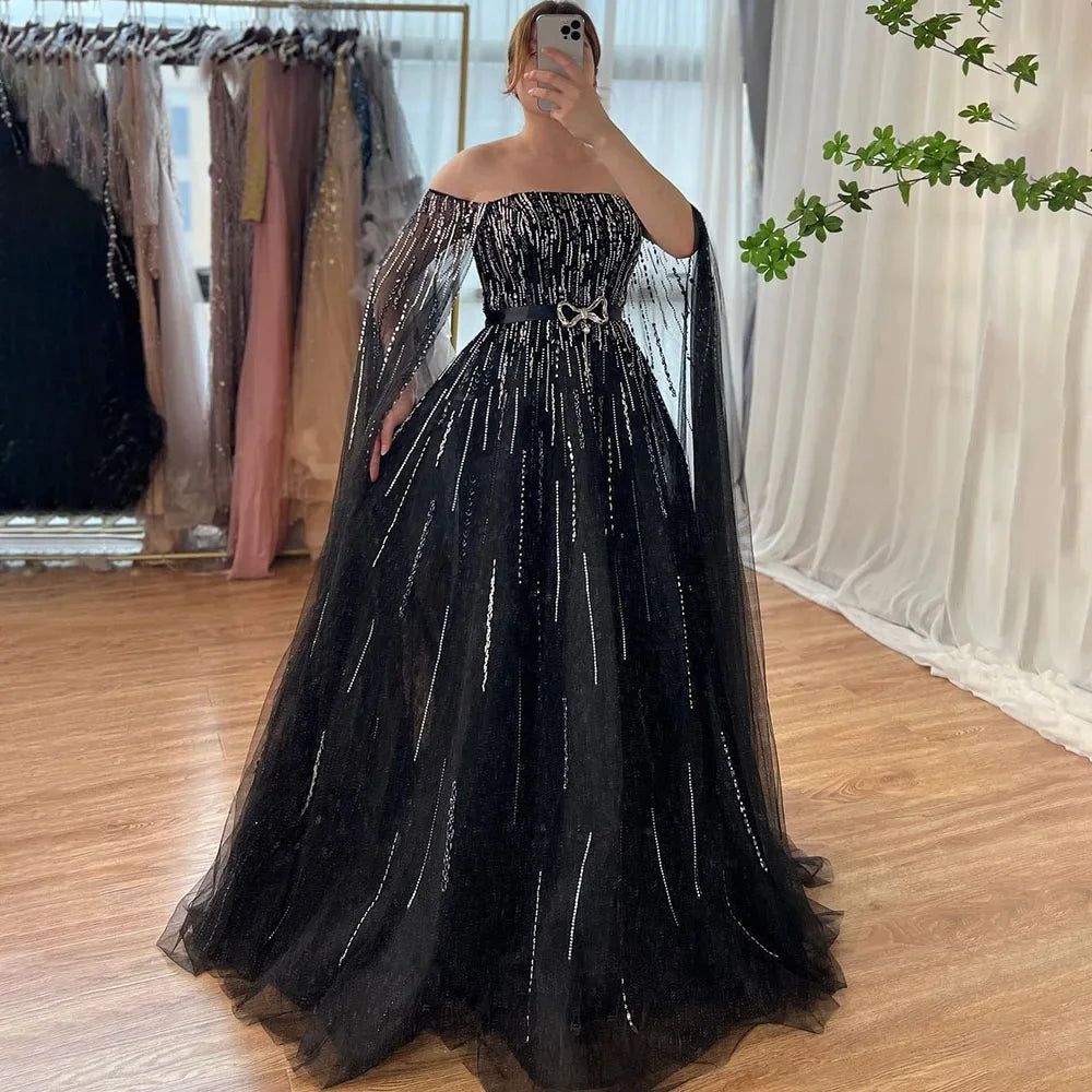 Luxury Black A Line Beaded Evening Dress with Cape Sleeves LA71824 - SERENE HILL