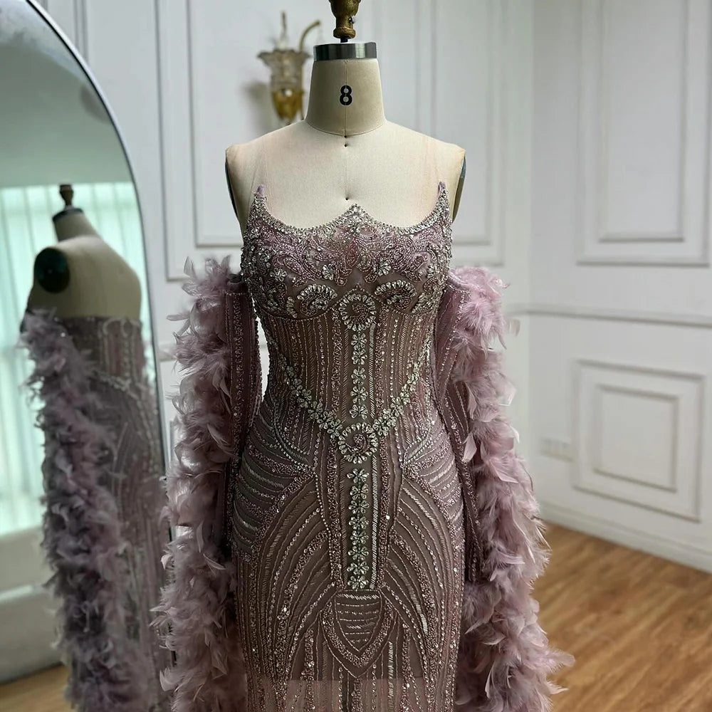 Luxury Caramel Beaded Evening Dress with Feather Sleeves LA73055 - SERENE HILL