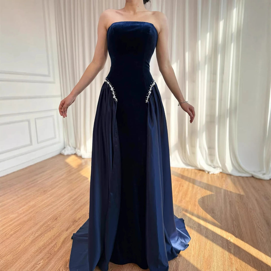 Luxury Navy Blue Mermaid Pearls Evening Dress Gowns With Skirt LA73351 - SERENE HILL
