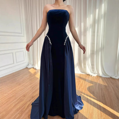 Luxury Navy Blue Mermaid Pearls Evening Dress Gowns With Skirt LA73351 - SERENE HILL