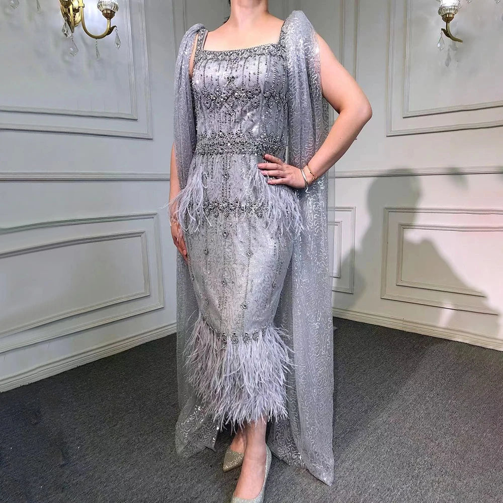 Serene Hill Grey Mermaid Midi Length Evening Dresses Gowns Beaded Sexy Feather Rear Leg Split 2025 For Women Party LA71669 - SERENE HILL