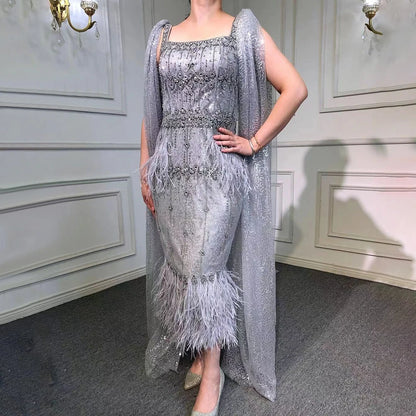Serene Hill Grey Mermaid Midi Length Evening Dresses Gowns Beaded Sexy Feather Rear Leg Split 2025 For Women Party LA71669 - SERENE HILL