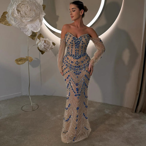 Luxury Blue Beaded Mermaid Evening Dress LA72858