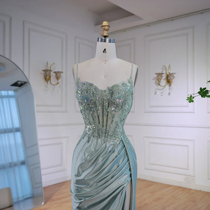Luxury Mint Green Satin Beaded Prom Dress with Slit LA72995 - SERENE HILL
