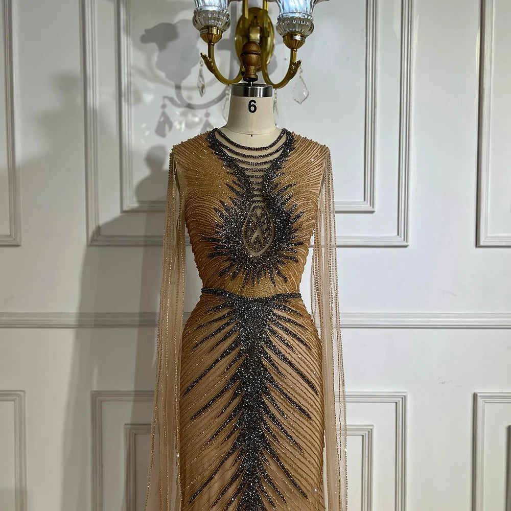 Luxury Caramel Beaded Evening Dress Gown with Cape Sleeves LA72940 - SERENE HILL