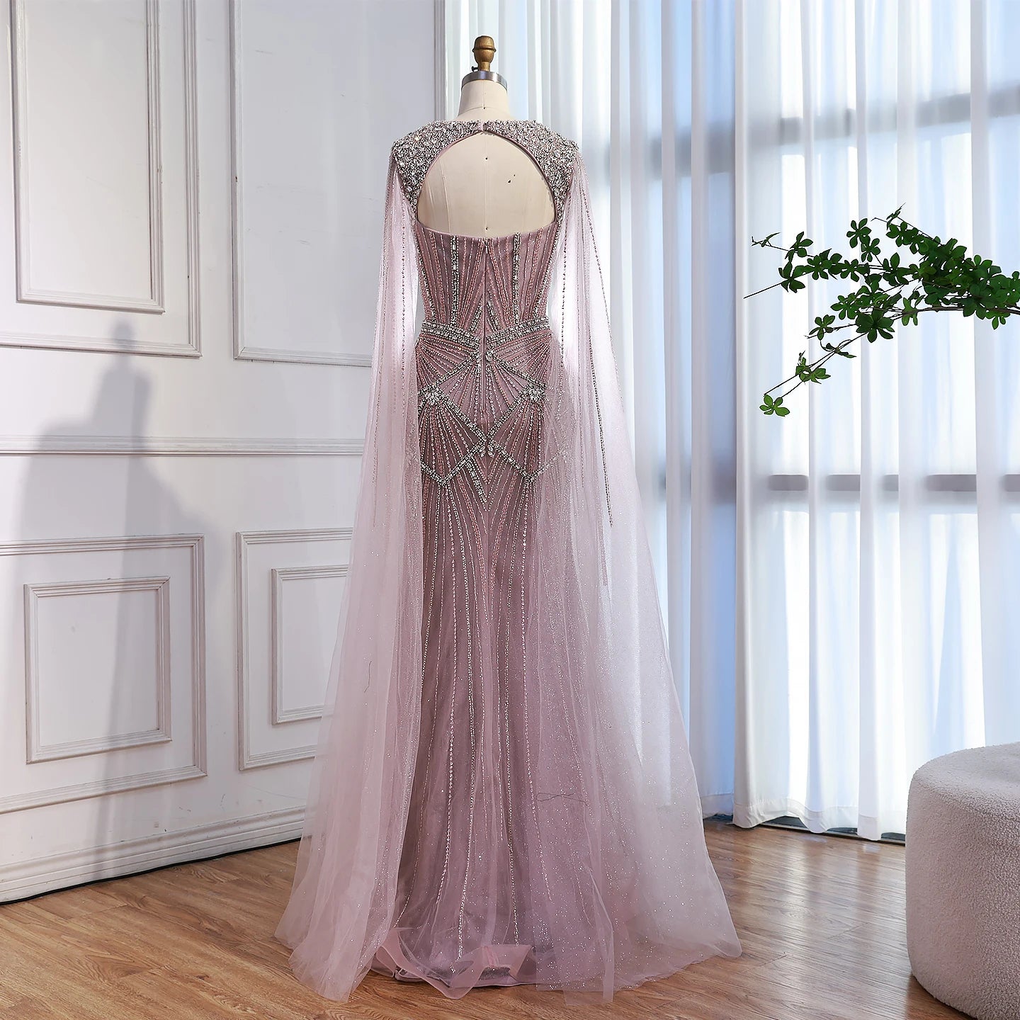 Luxury Dubai Pink Beaded Evening Dress With Cape LA73329 - SERENE HILL