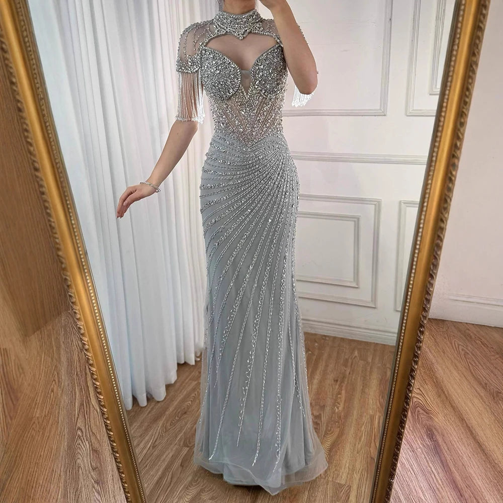 Luxury Pink Beaded Tassel Mermaid Evening Dress Long Gown LA73184 - SERENE HILL