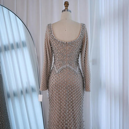 Modest Pearl Beaded Mermaid Evening Dress with Long Sleeves LA72919A - SERENE HILL