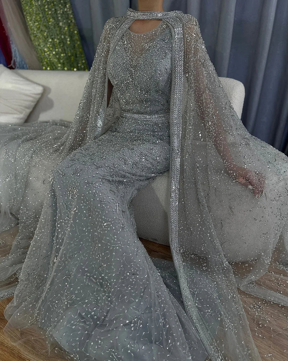 Luxury Gray Arabic Mermaid Evening Dress with Cape LA72180 - SERENE HILL