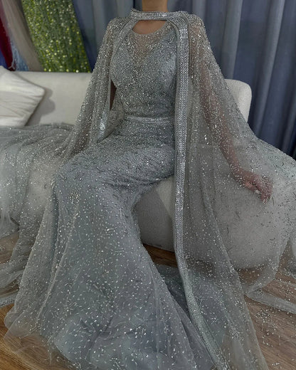 Luxury Gray Arabic Mermaid Evening Dress with Cape LA72180 - SERENE HILL