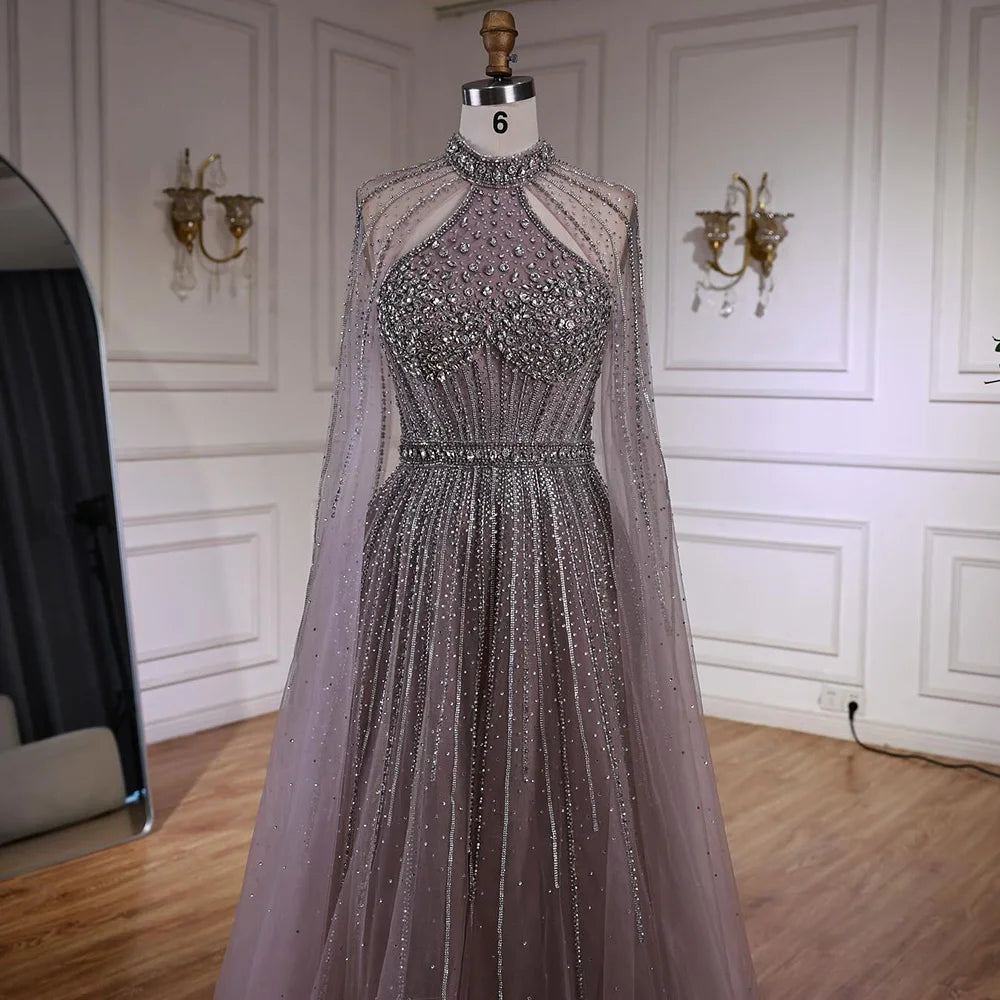 Luxury Beaded A-Line Evening Dress with Cape Sleeves LA73054 - SERENE HILL