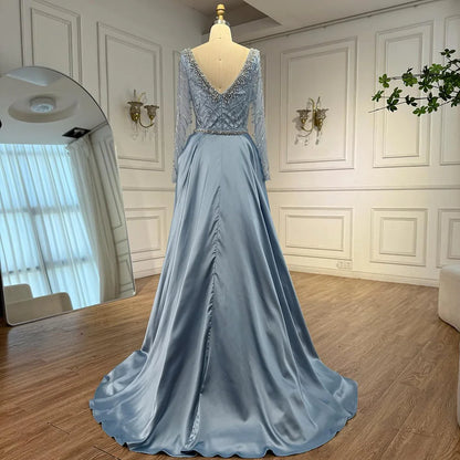 Luxury Muslin Blue hijab Evening Dress With Long Sleeves LA72963 - SERENE HILL