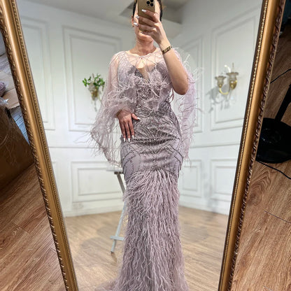 Luxury Caramel Feather Beaded Mermaid Evening Dress LA71866 - SERENE HILL