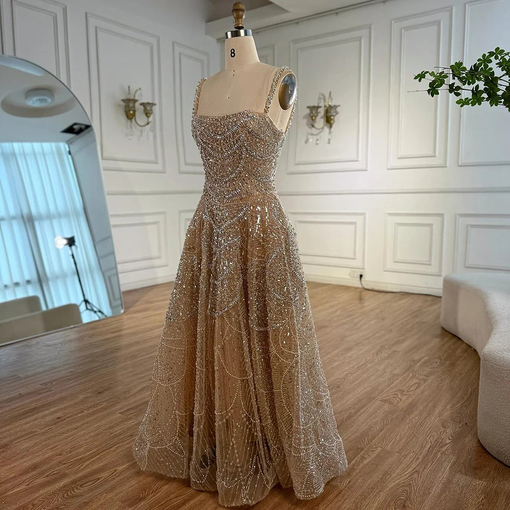 Luxury Nude A-Line Evening Dress with Pearls and Crystals LA72983A Nude / 12 Luxury Nude A-Line Evening Dress with Pearls and Crystals LA72983A Nude / 12