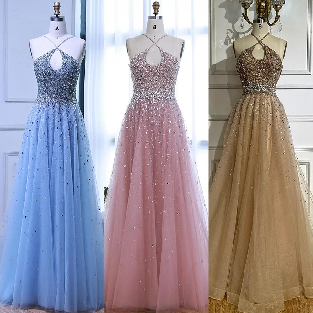 Caramel Halter Beaded Tulle A-Line Evening Gown Dubai Saudi LA72863 - SERENE HILL