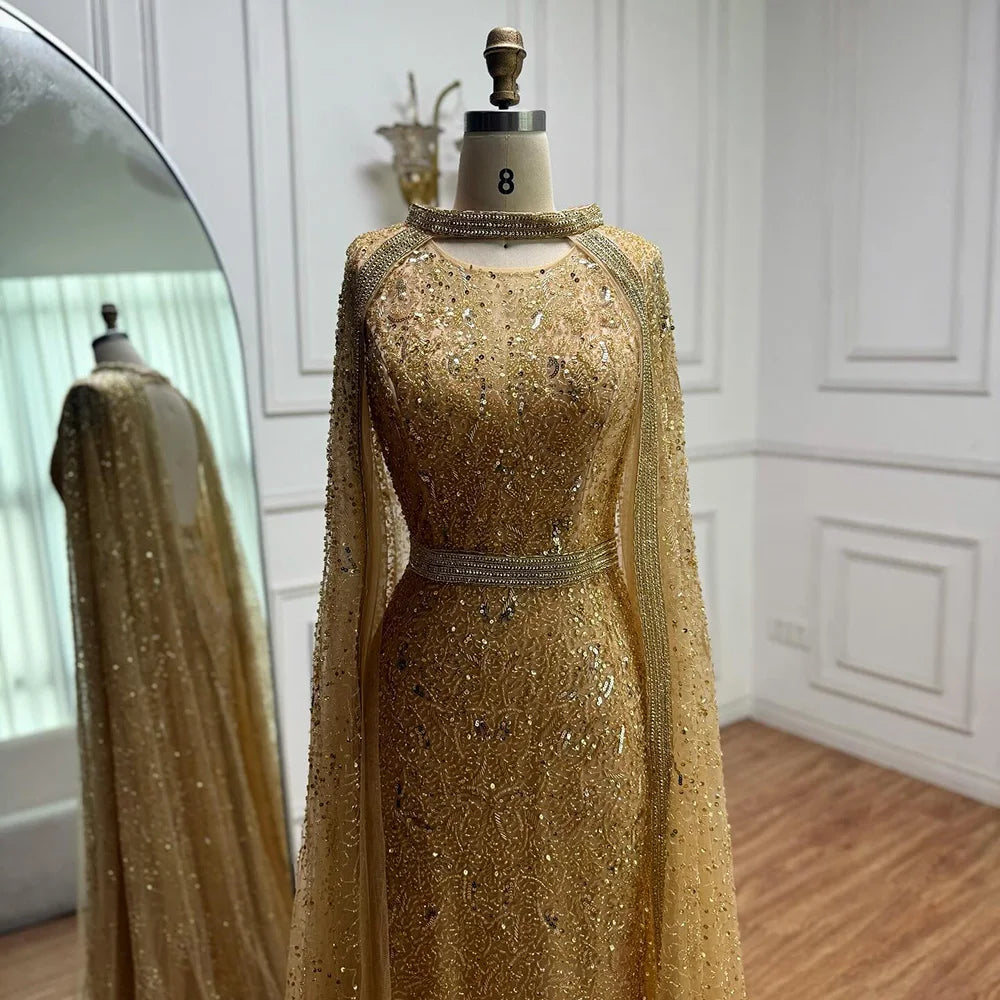 Luxury Gray Arabic Mermaid Evening Dress with Cape LA72180 - SERENE HILL